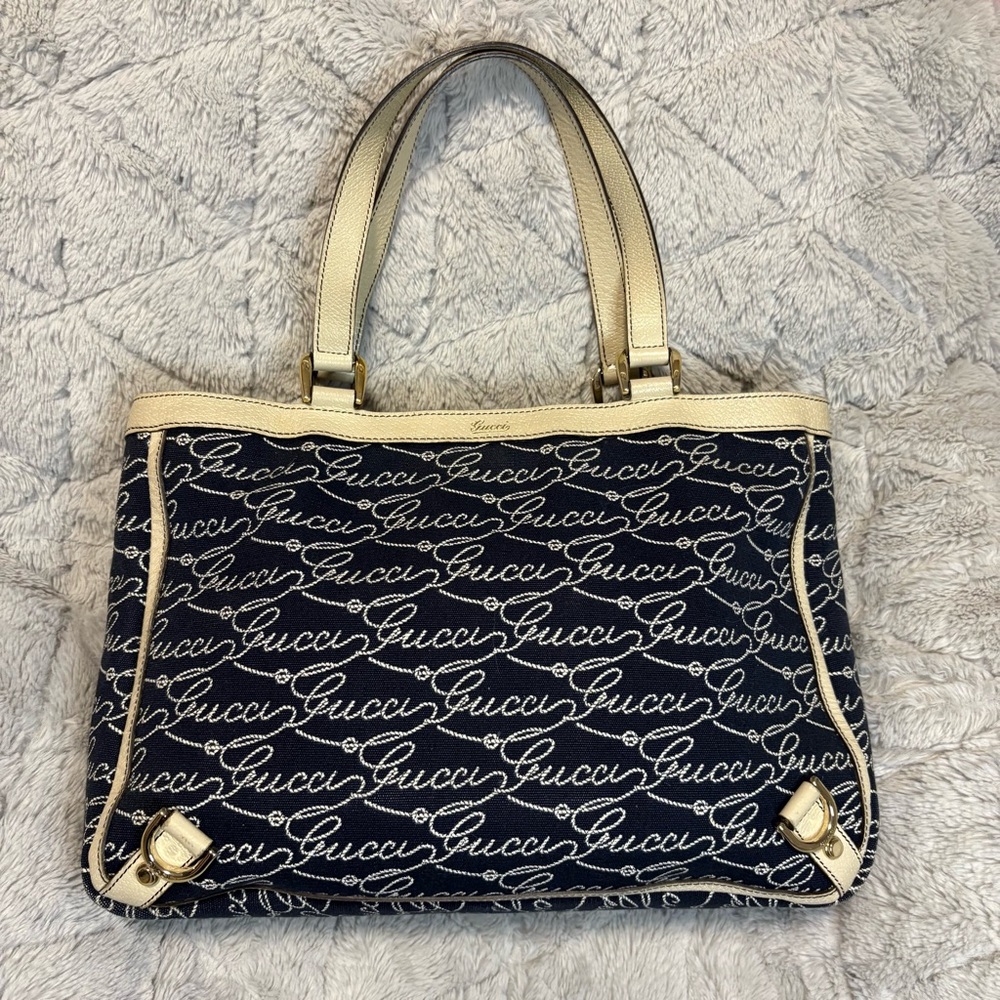 Y2K Denim Gucci Abbey Purse, White “Gucci” Logo & White Leather Handles And Trim